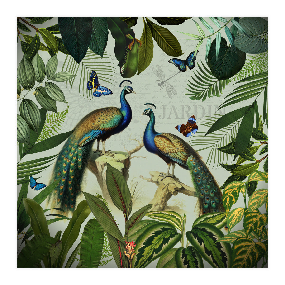 Vintage Exotic Asian Peacocks In Tropical Jungle Landscape (Print Only)
