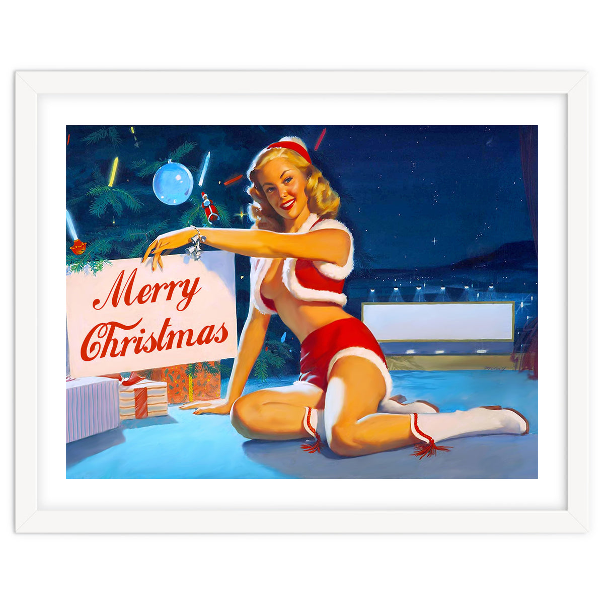 Pinup Girl In Santa Costume With Marry Christmas Sign