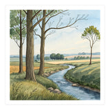Pastoral Countryside Watercolor Painting with Winding Stream Meadows and Deciduous Trees Landscape (Print Only) thumbnail