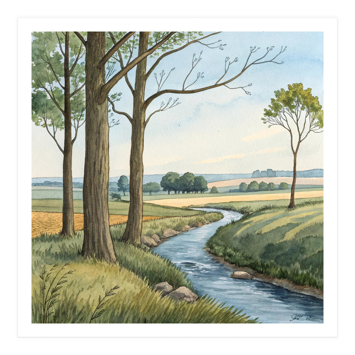 Pastoral Countryside Watercolor Painting with Winding Stream Meadows and Deciduous Trees Landscape (Print Only)