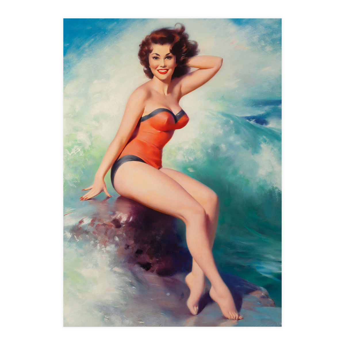 Pinup Girl Posing In Front Of Big Waves On The Beach (Print Only)