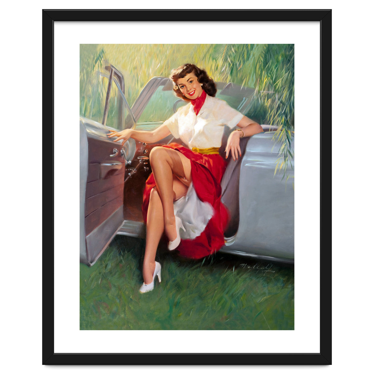 Sexy Pinup Woman Posing In Convertible Car