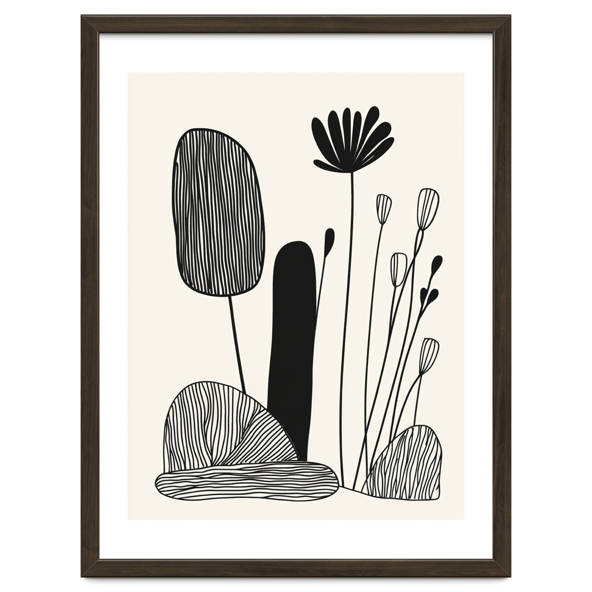Abstract Black And White Botanical Illustration With Organic Shapes