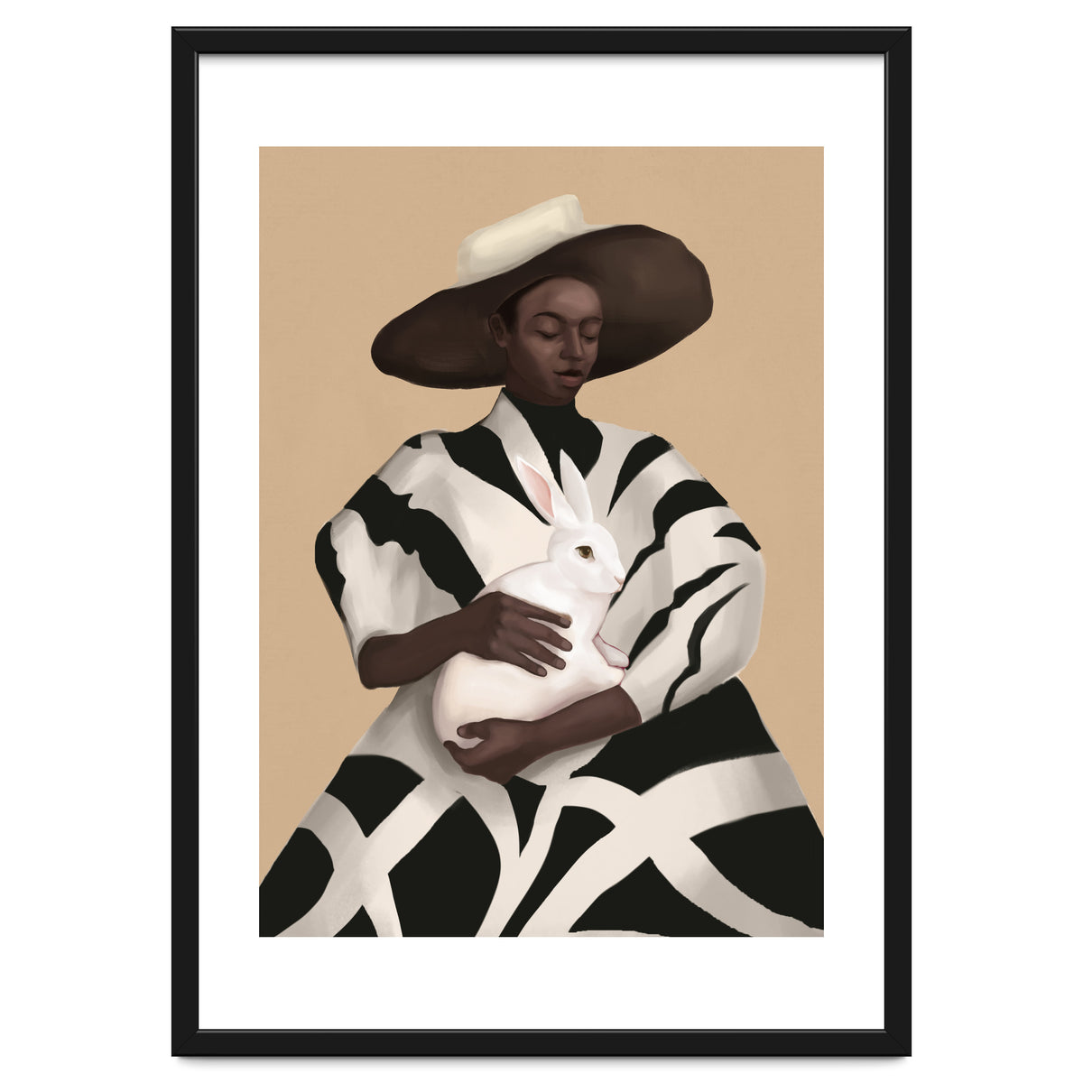 Woman In Stripes Holding A White Rabbit