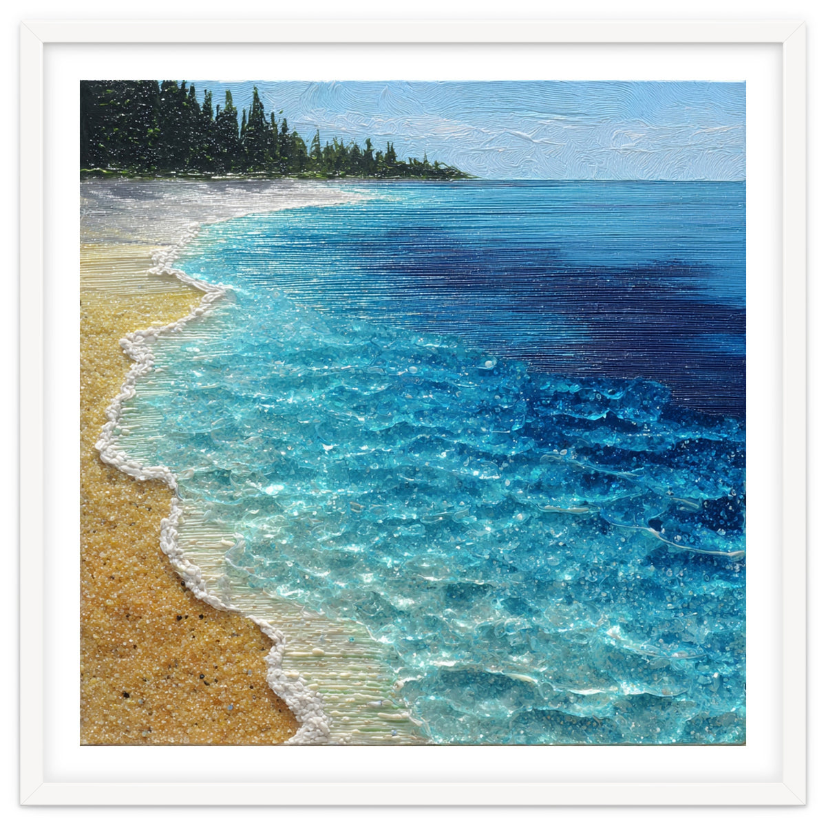 Sun-Drenched Coastal Shoreline with Textured Impasto Waves