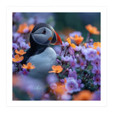 Puffin Bird Among Vibrant Purple And Orange Flowers (Print Only) thumbnail