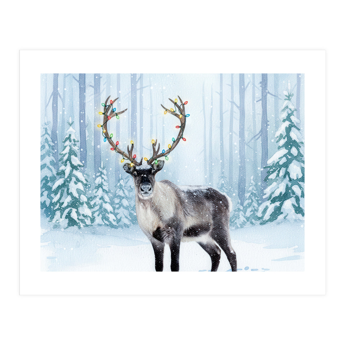 Reindeer with Christmas Lights, Deer Magical Winter Art  (Print Only)
