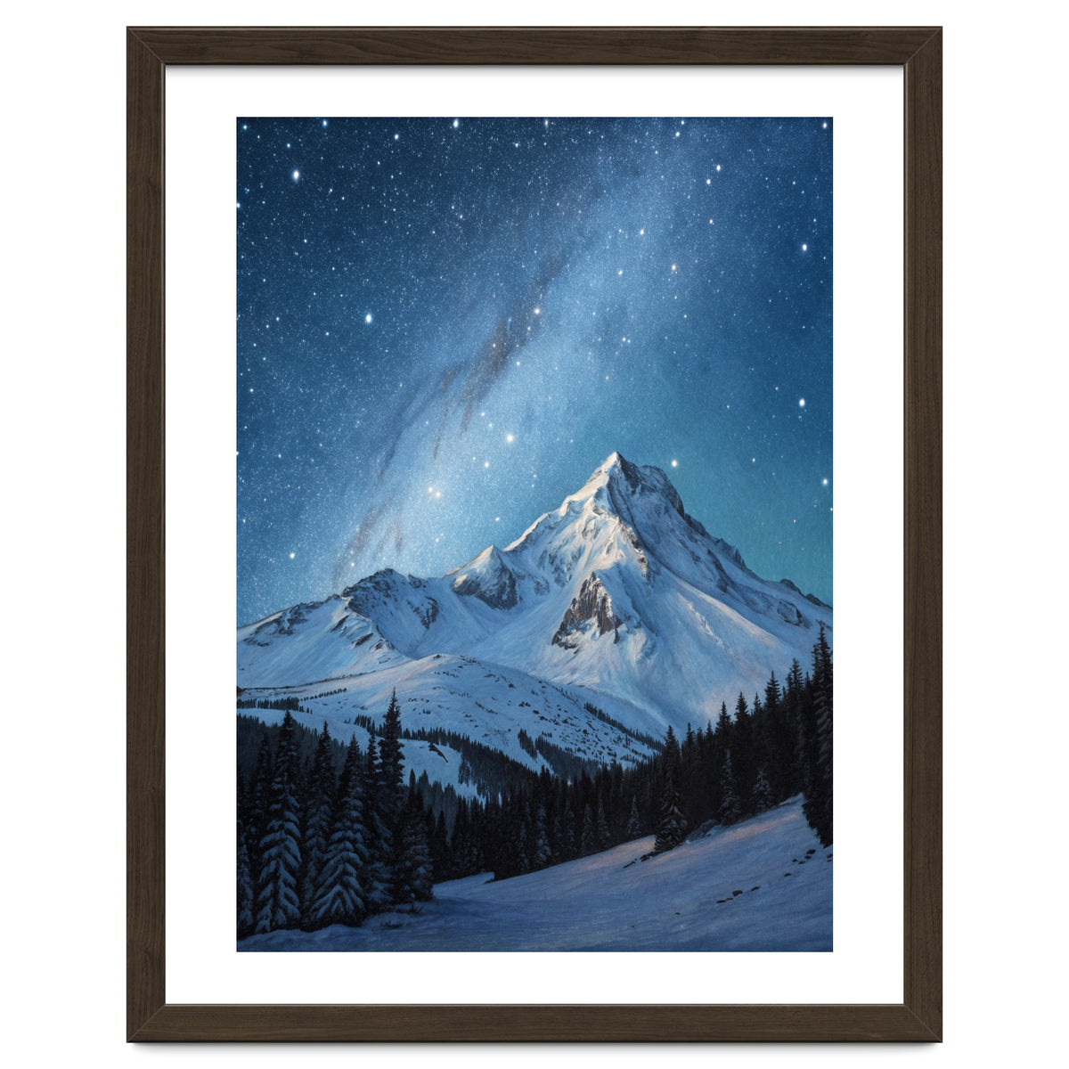 Majestic Snow-Capped Mountain Peak Under a Brilliant Starry Night Sky