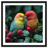 Lovebirds Perched Amidst Red Berries And Green Foliage thumbnail