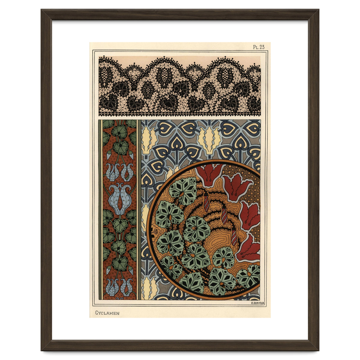 Cyclamen persicum motif in patterns for lace, wallpaper and fabric.