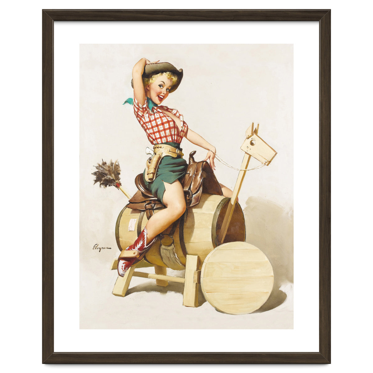 Pinup Cowgirl Riding A Wooden Horse Made Of Barrel