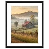 Rustic Red Roof Barn in Misty Morning Valley Landscape thumbnail