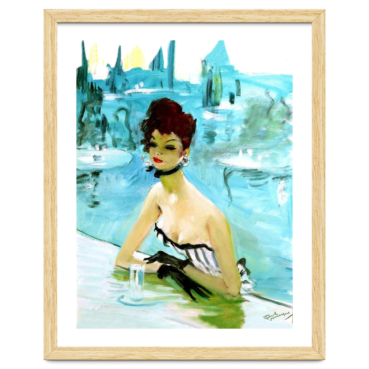 Pinup Girl In Cafe, Watercolor Painting