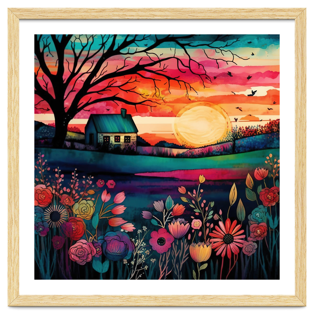 Watercolor Folk Art Sunset Landscape