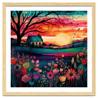 Watercolor Folk Art Sunset Landscape