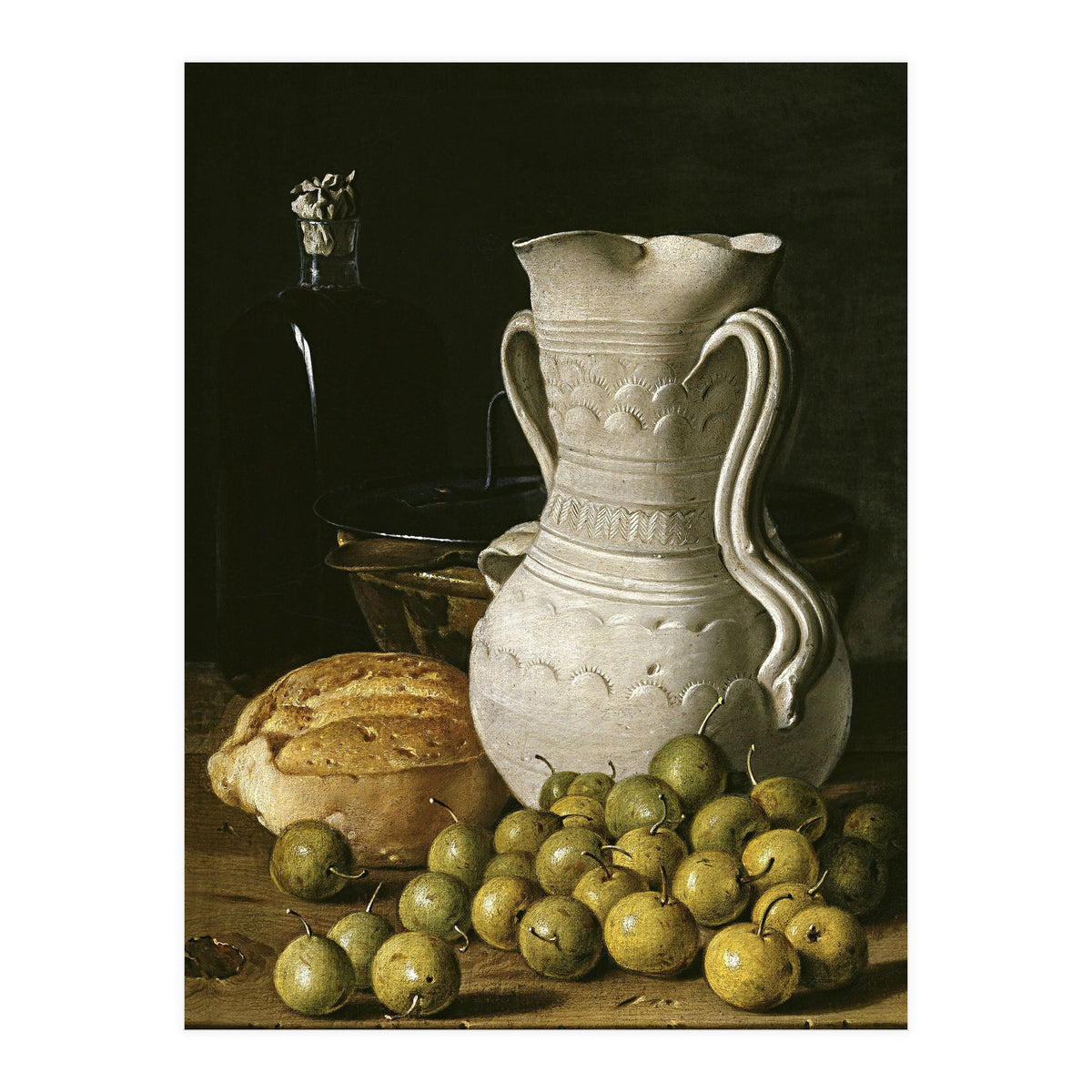 Luis Egidio Meléndez: 'Still Life with Small Pears, Bread, White Pitcher, Glass Bottle, and.., 1760. (Print Only)
