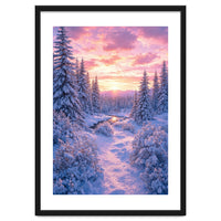 Winter Sunset Glow: Serene Snowy Forest and Frozen Creek