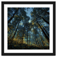 Celestial Forest Canopy with Swirling Golden Fireflies and Deep Twilight Blue Sky Digital Art