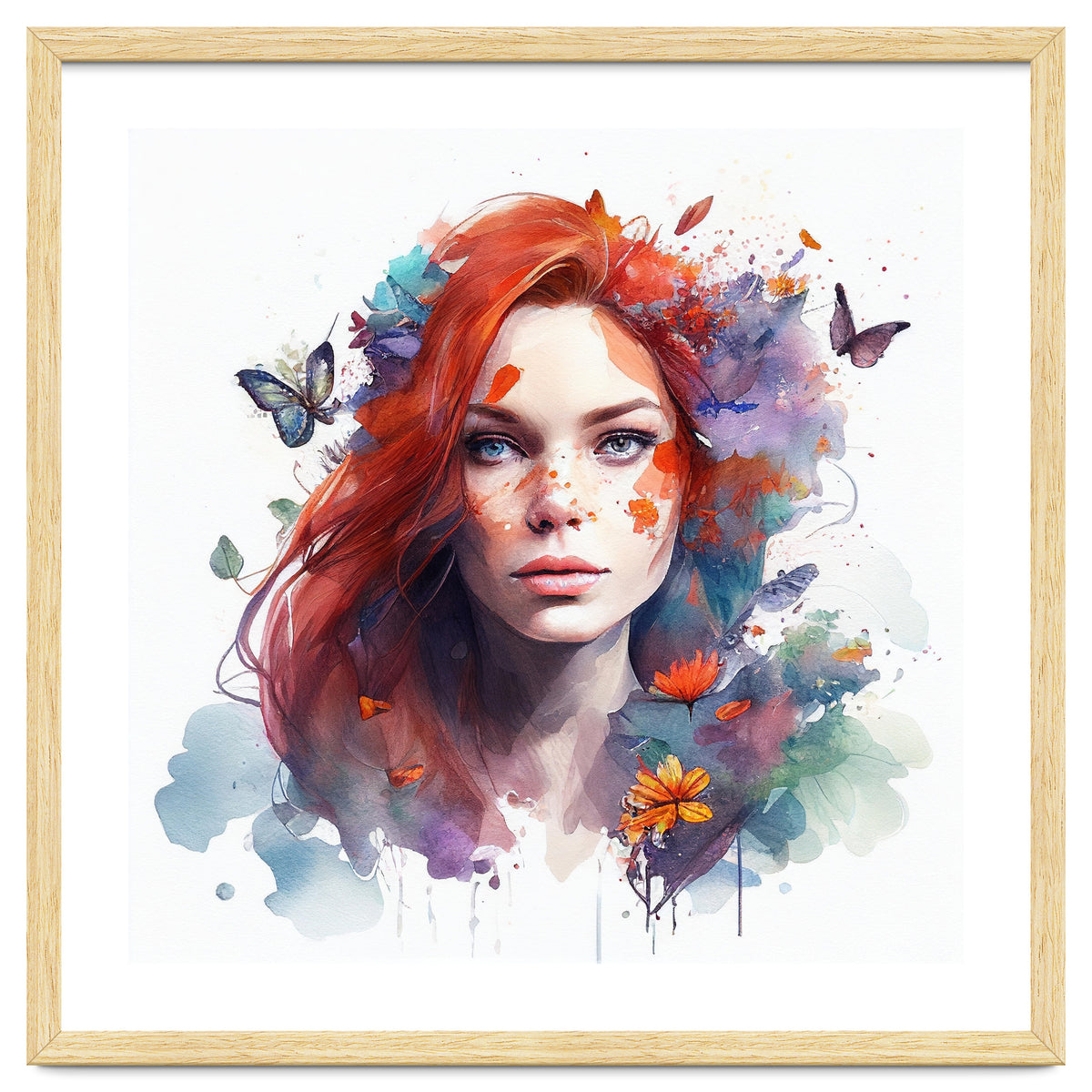Watercolor Floral Red Hair Woman #3