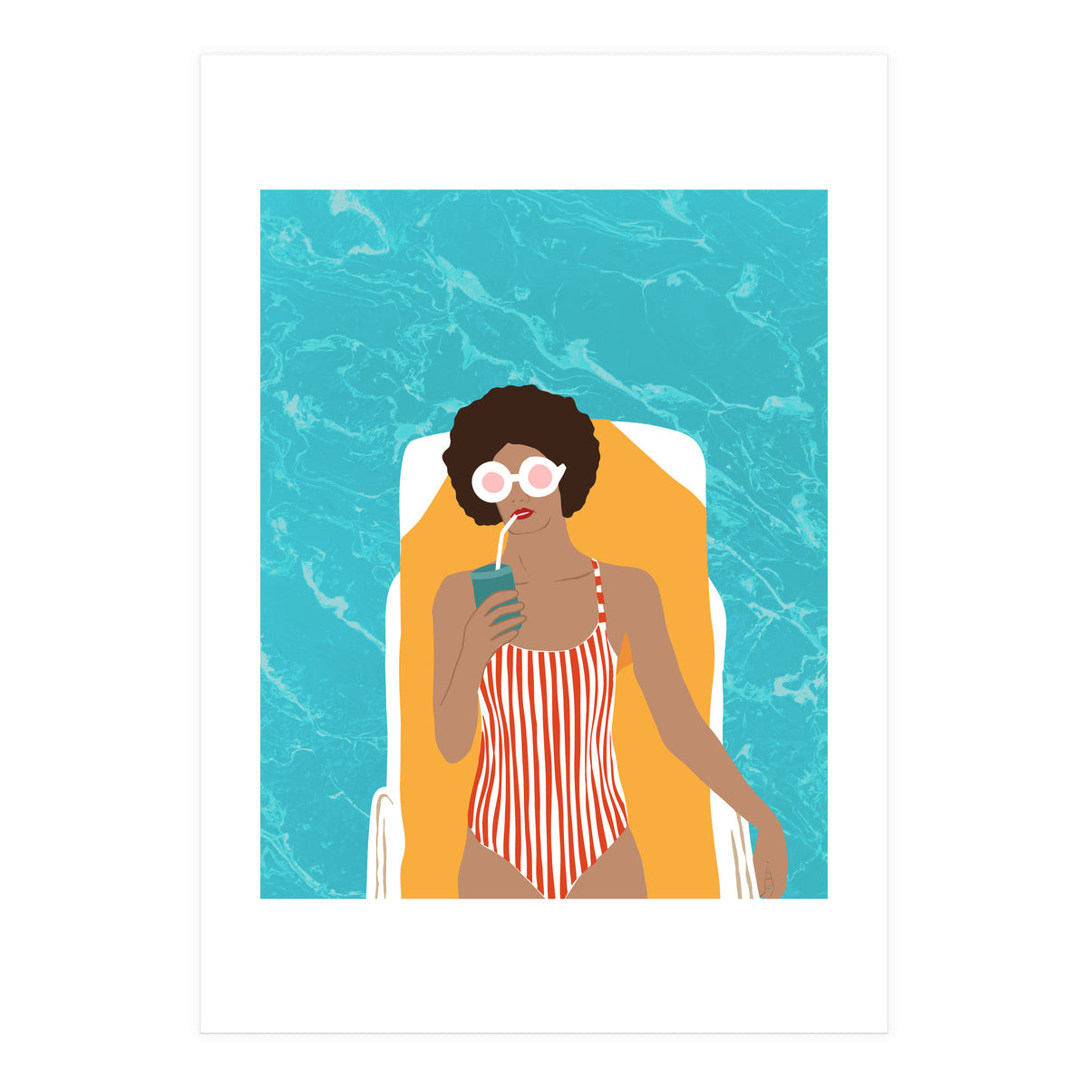Chilling In The Moment, Eclectic Bohemian Black Woman Of Color, Swimming Pool Afro Fashion Vacation Enjoy Summer (Print Only)