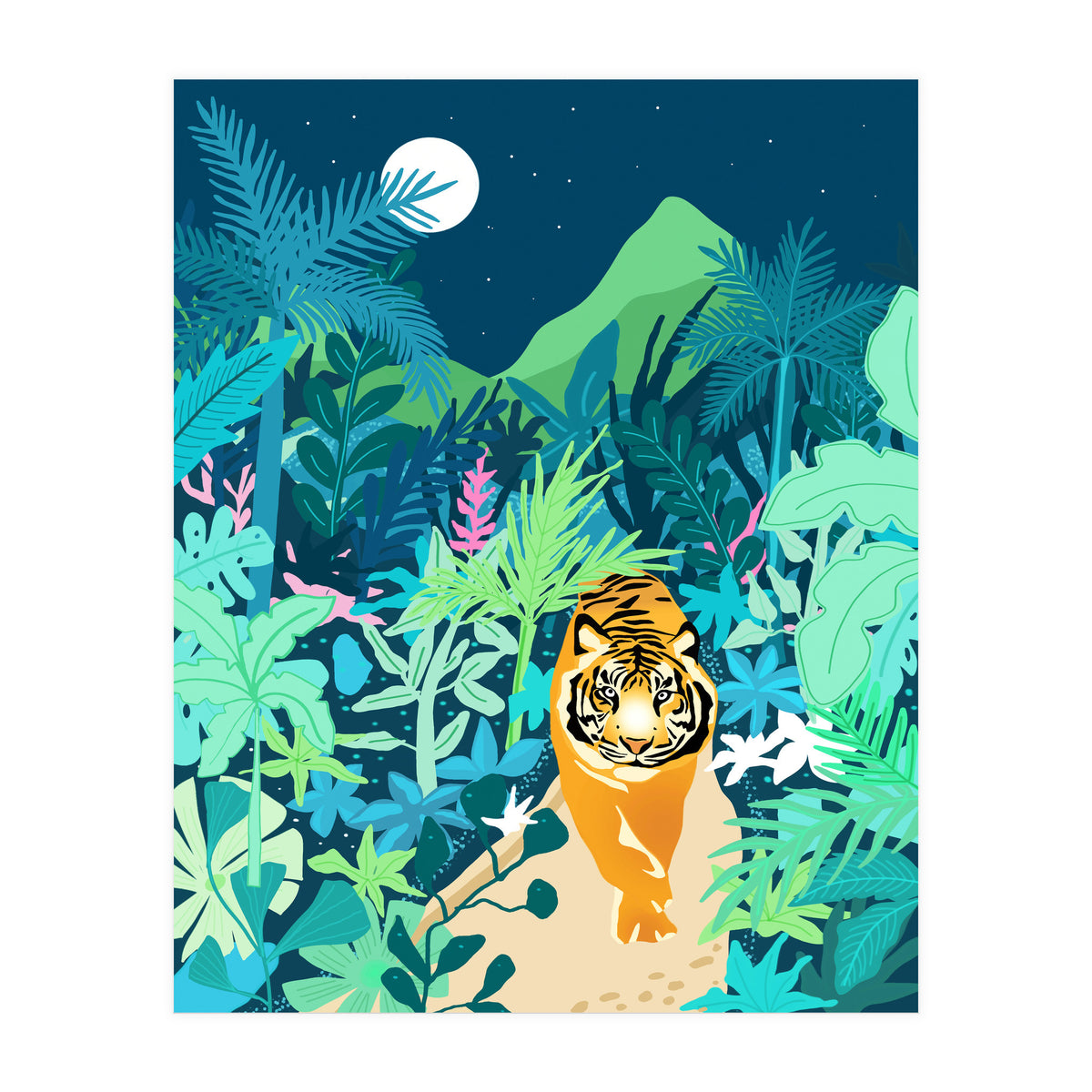 Tiger Walk, Bohemian Jungle Maximalist Nature, Botanical Forest Plants Moon Wild Animals (Print Only)