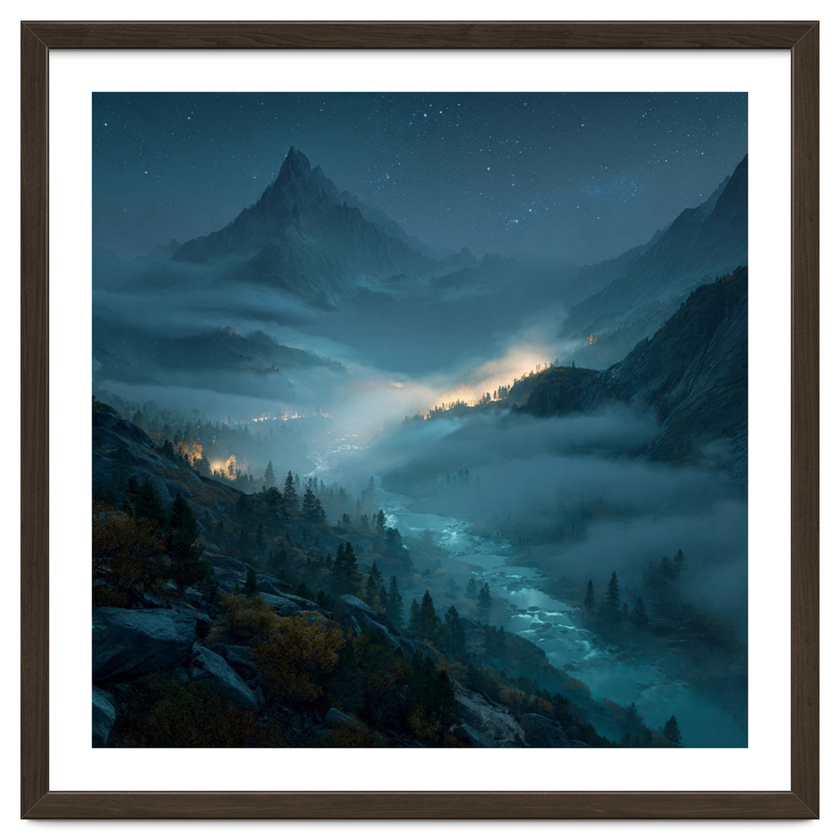 Moonlit Alpine Valley at Night with Shimmering River