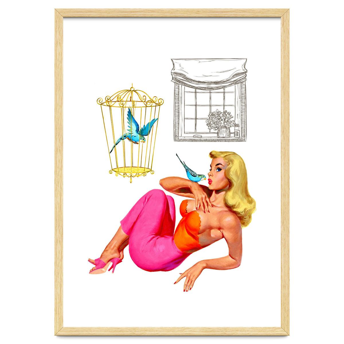 Pinup Girl With Two Birds