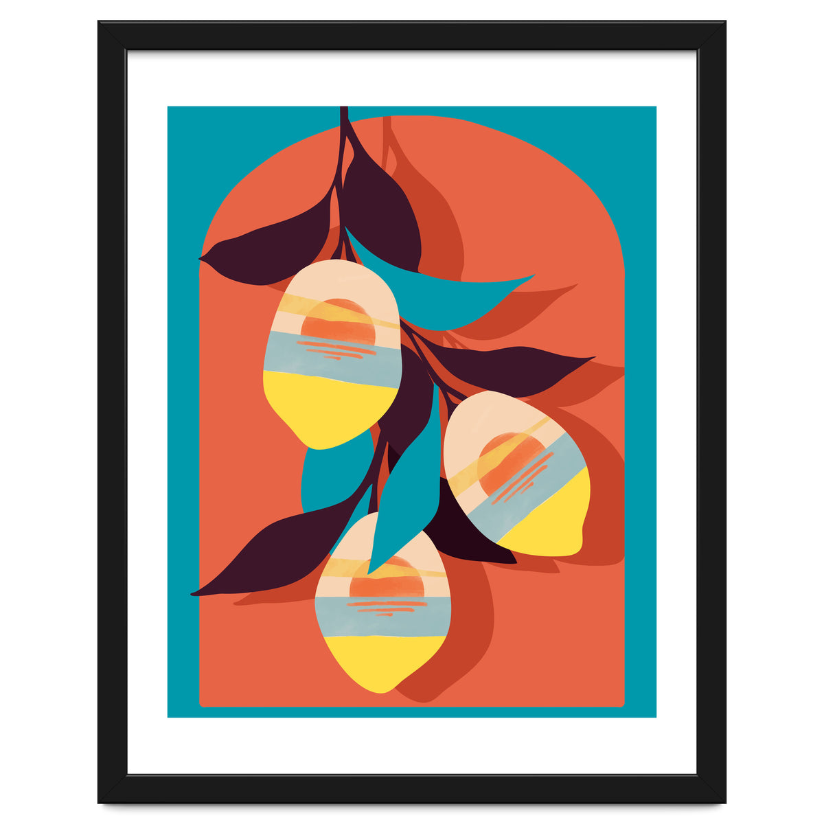 Lemon Sunset, Eclectic Botanical Colorful Bohemian Fruits, Food Pop Of Color Lime Retro