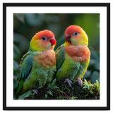 Lovebirds Perched Together On Mossy Branch thumbnail