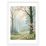 Enchanted Spring Woodland Path with Blooming Cherry Blossoms and Misty Pastel Forest Atmosphere thumbnail