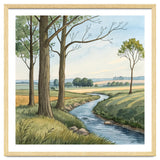 Pastoral Countryside Watercolor Painting with Winding Stream Meadows and Deciduous Trees Landscape thumbnail