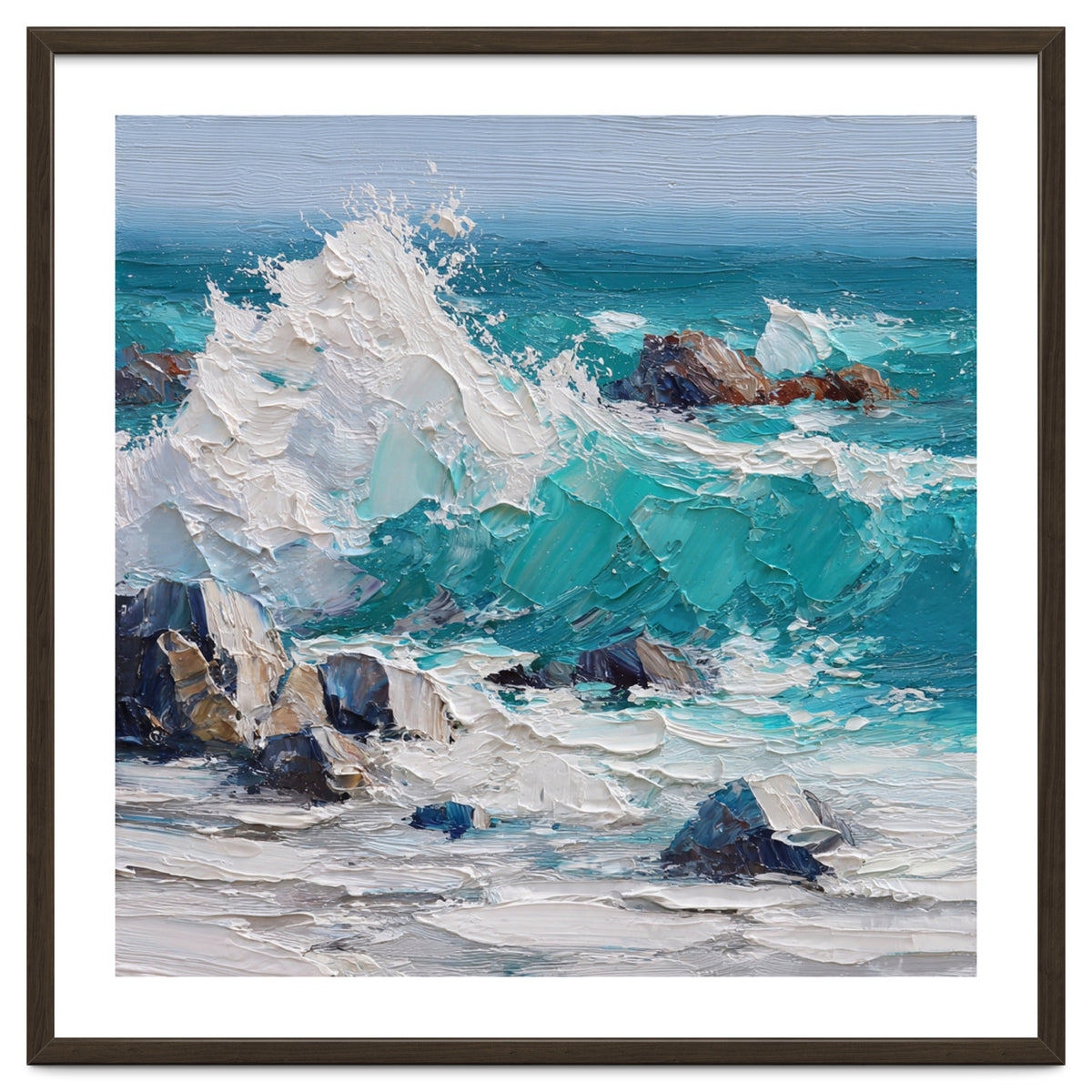 Dynamic Crashing Turquoise Ocean Wave Against Rugged Coastal Rocks