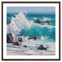 Dynamic Crashing Turquoise Ocean Wave Against Rugged Coastal Rocks