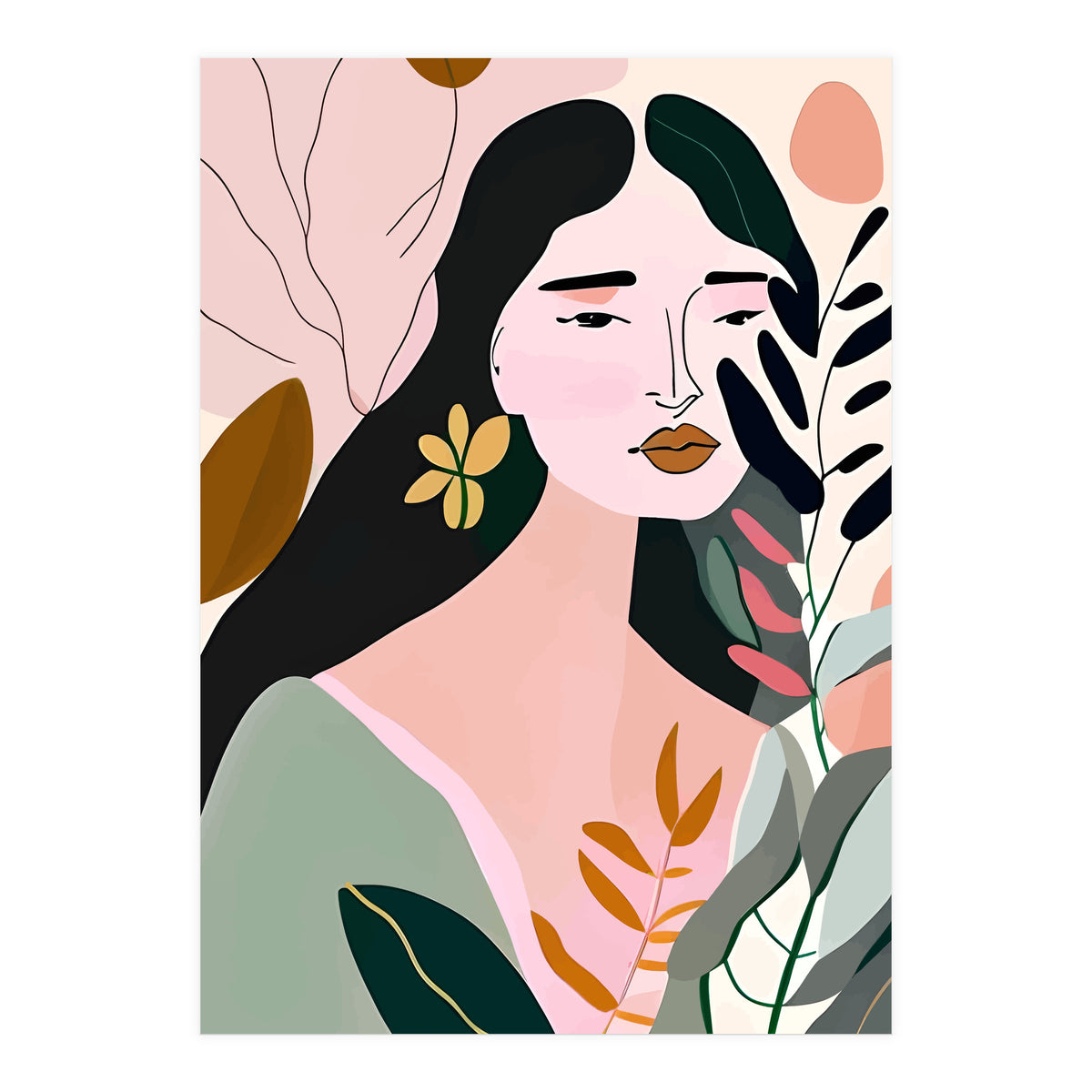 Reinvent, Beautiful Woman Girl Pastel Line Art, Minimal Botanical Nature Portrait, Modern Bohemian Drawing Nomadic Summer Self Love (Print Only)