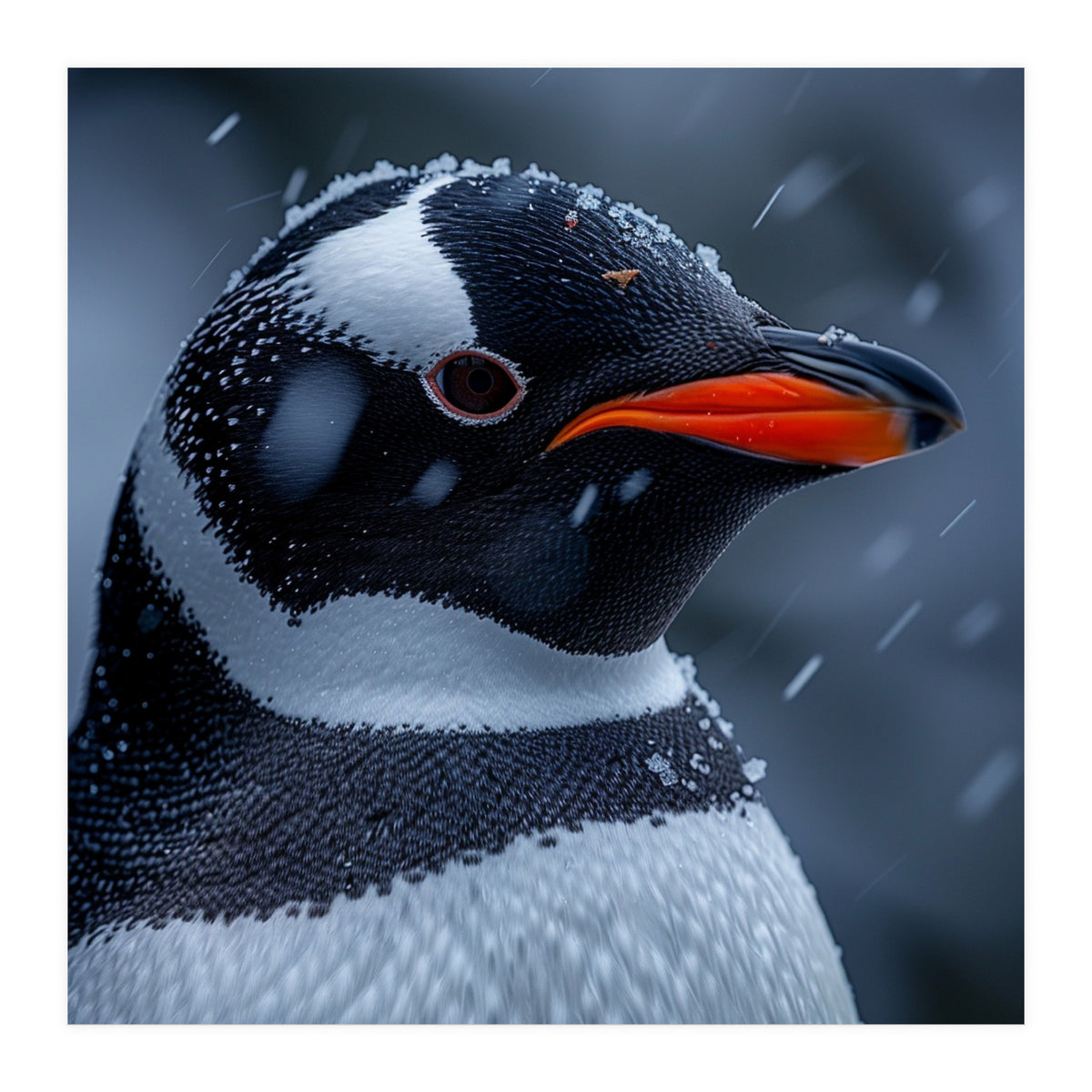 Close Up Penguin Portrait In Snowy Weather (Print Only)