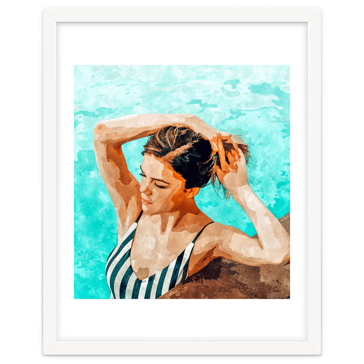 Simulacrum | Modern Bohemian Woman Swim | Summer Swimming Pool Fashion Watercolor Painting