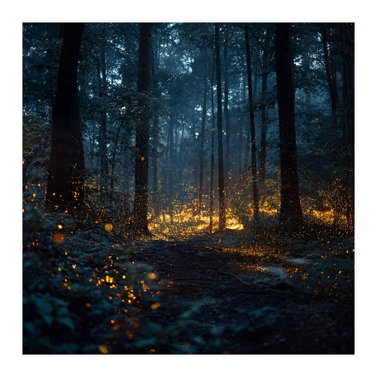 Enchanted Midnight Forest with Glowing Fireflies (Print Only)