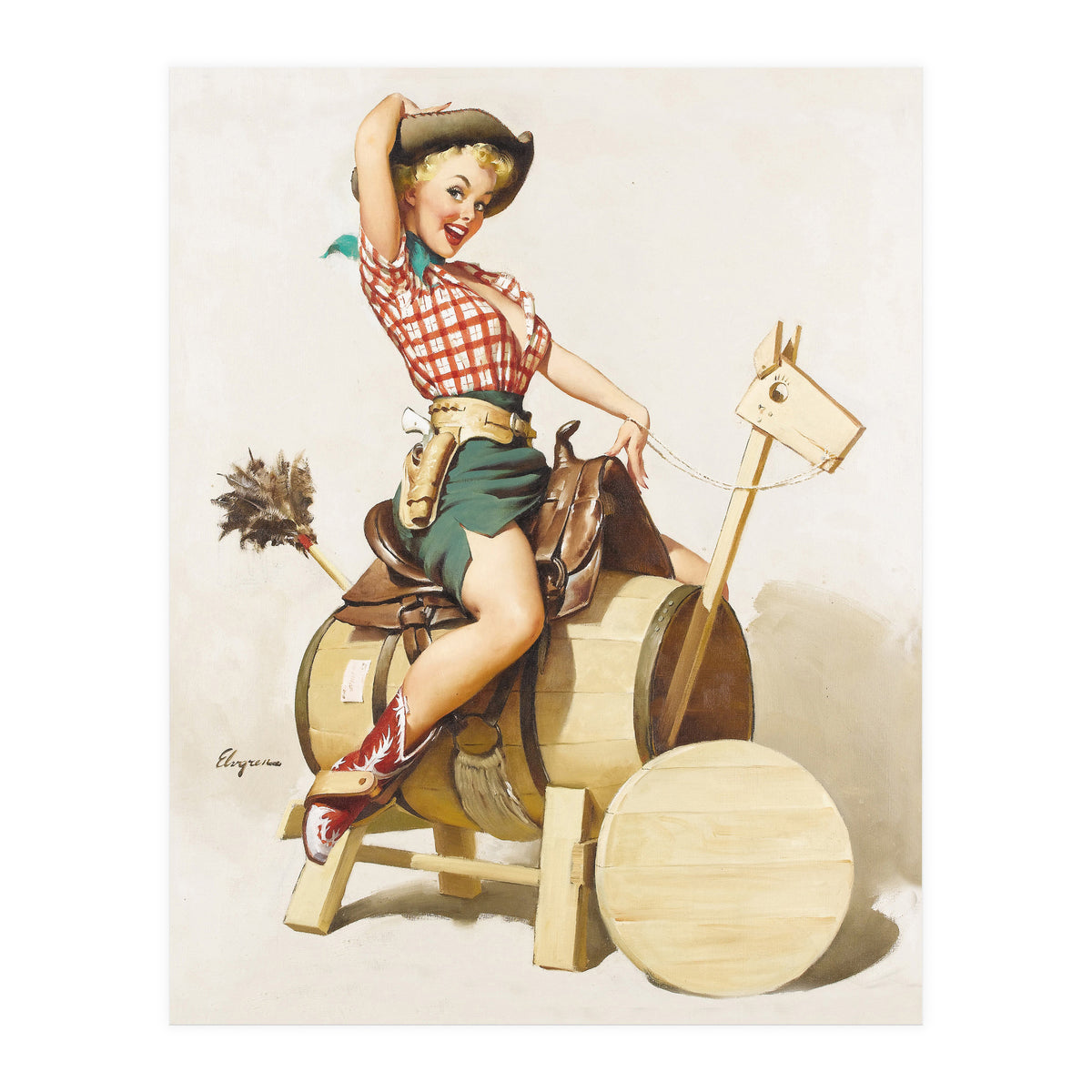 Pinup Cowgirl Riding A Wooden Horse Made Of Barrel (Print Only)