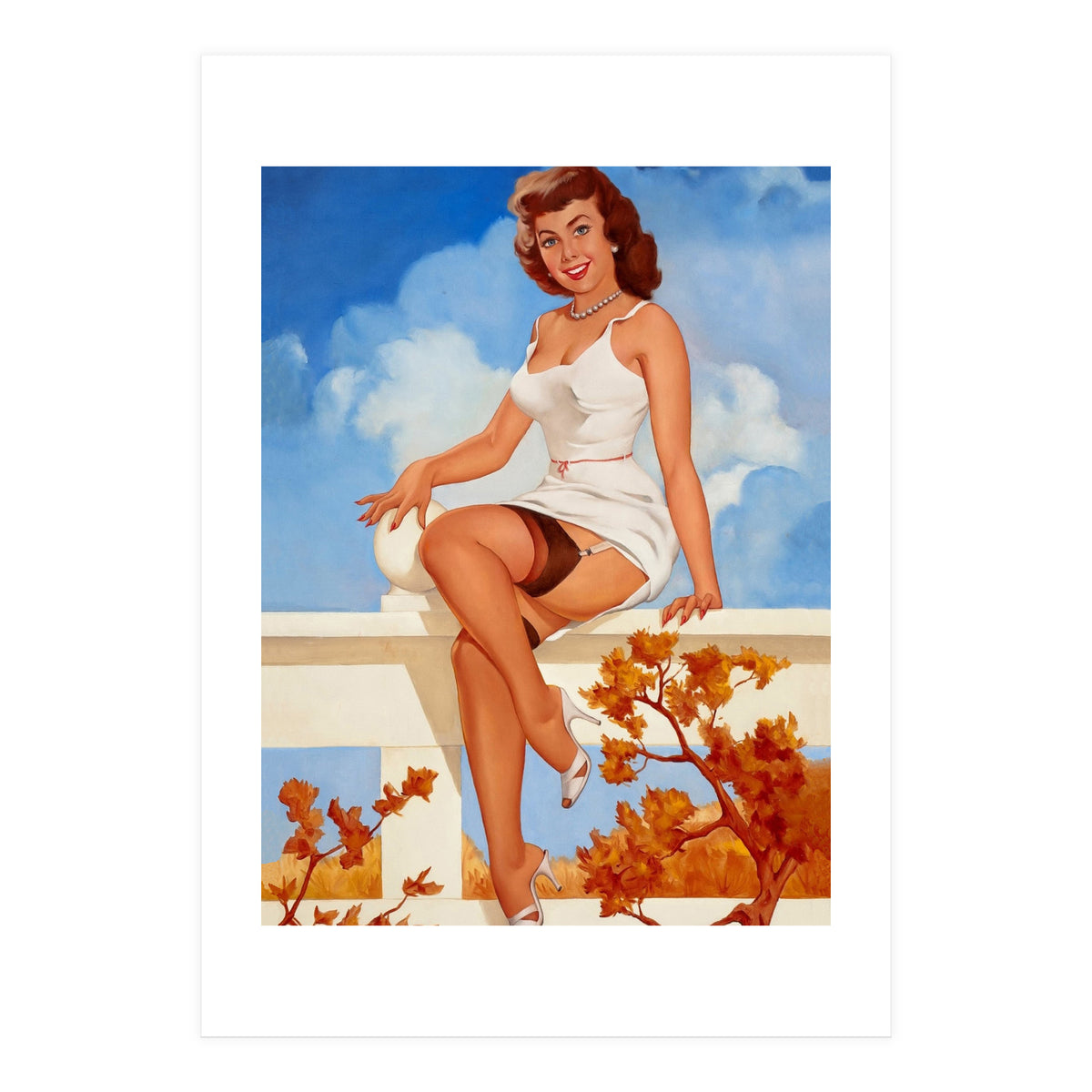 Beautiful Pinup Girl Posing On A Fence (Print Only)