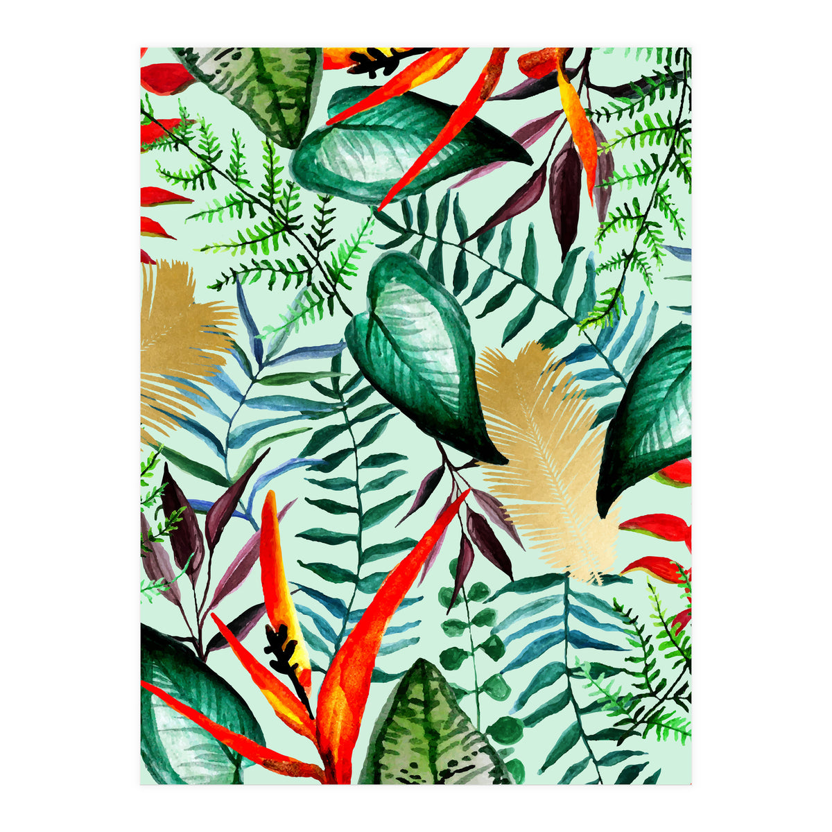 Paradise, Tropical Jungle Botanical Bohemian Illustration, Palm Bird of Paradise Gold Painting (Print Only)