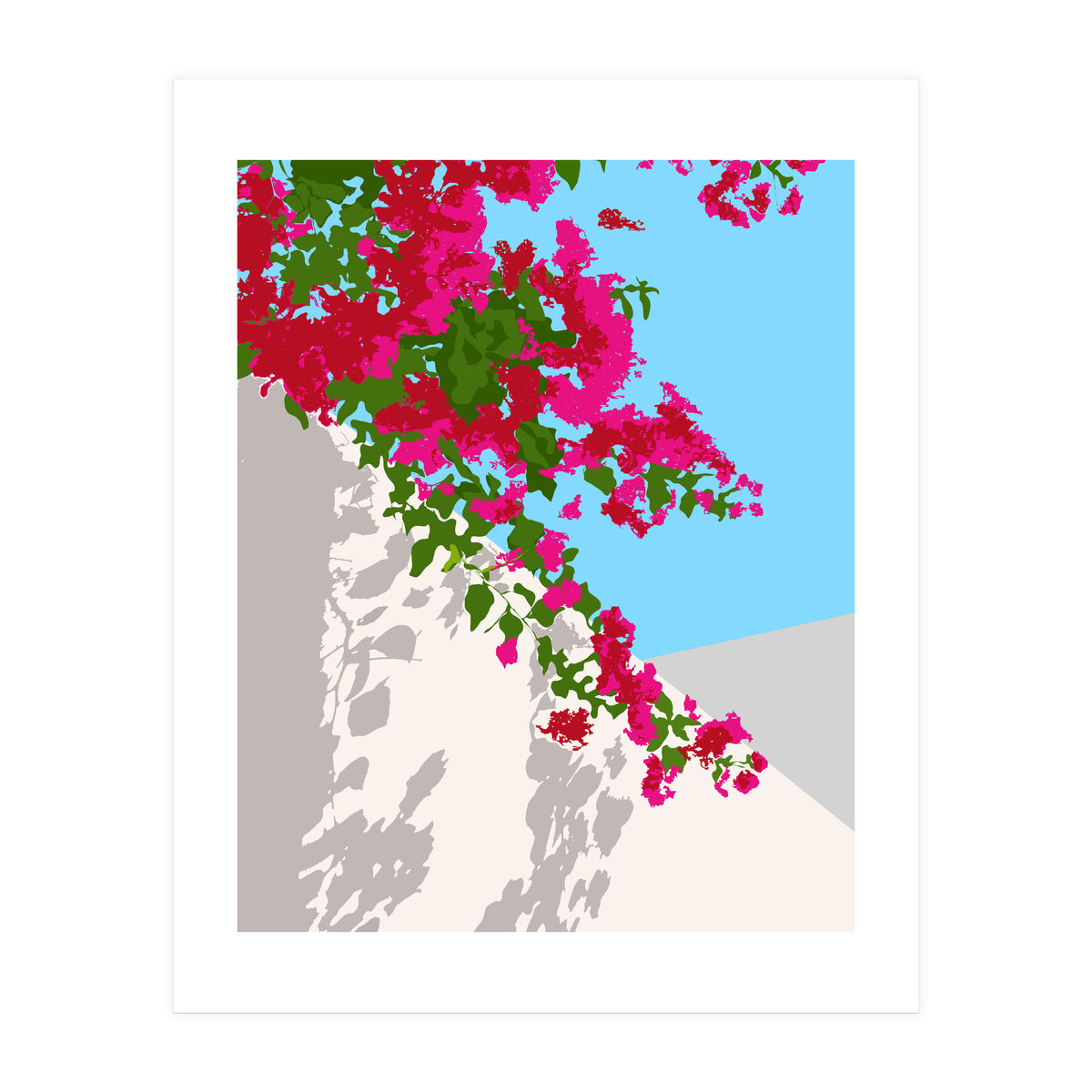 Bougainvillea Blossom, Greece Tropical Summer Travel, Santorini Architecture White Buildings Floral Nature Garden (Print Only)