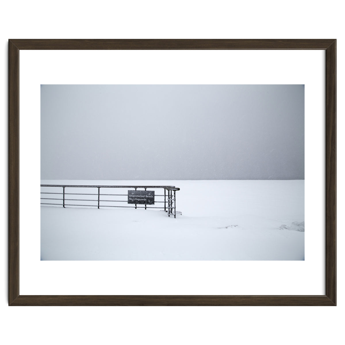 No lifeguards on the sign board in the winter snow beach