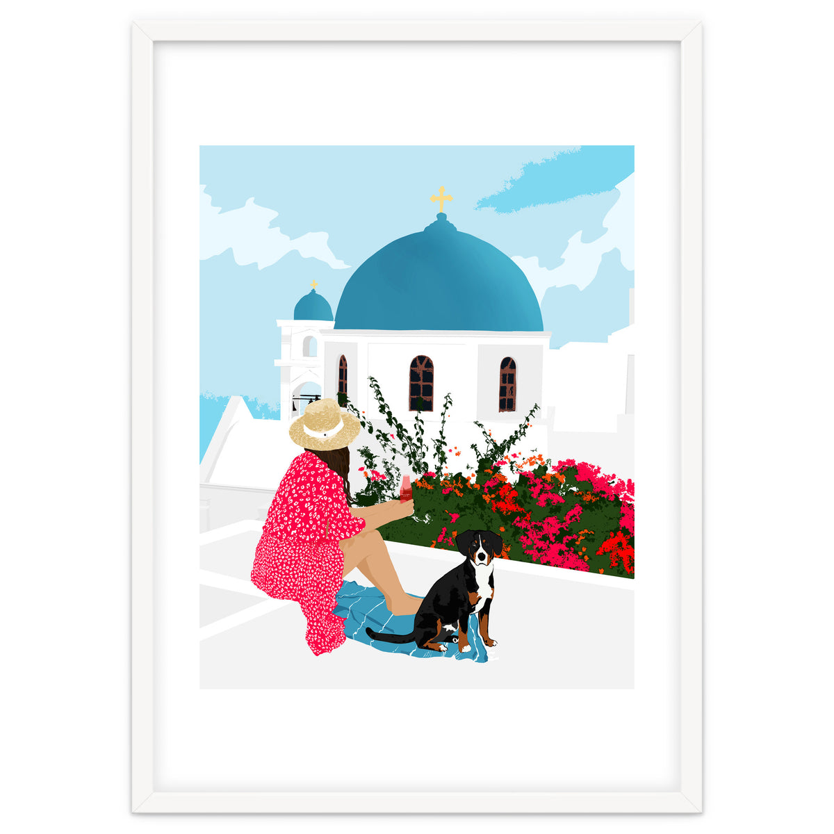 Greek Staycation, Pets Santorini Tropical Summer Travel, Dog White Buildings Architecture Fashion Bohemian