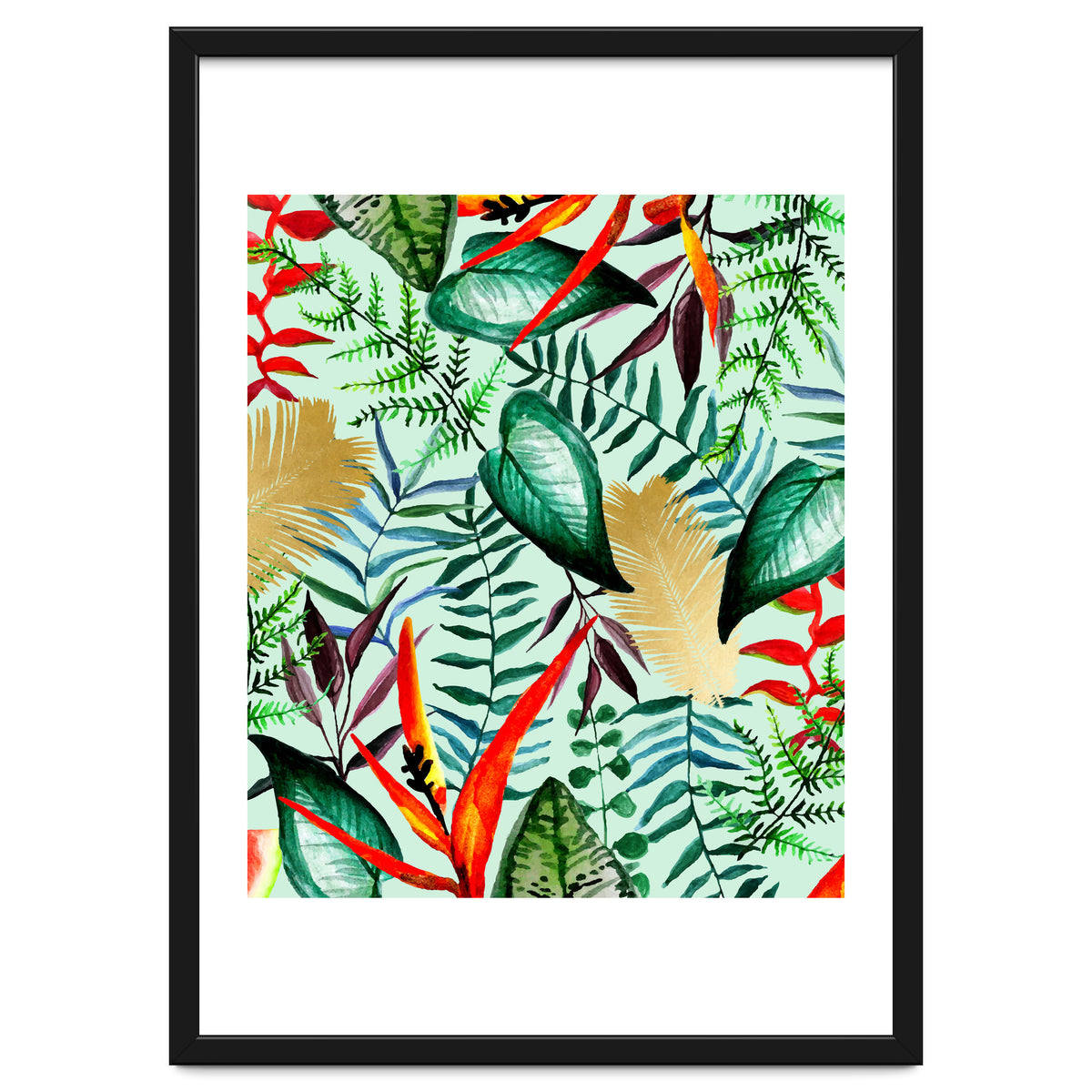 Paradise, Tropical Jungle Botanical Bohemian Illustration, Palm Bird of Paradise Gold Painting