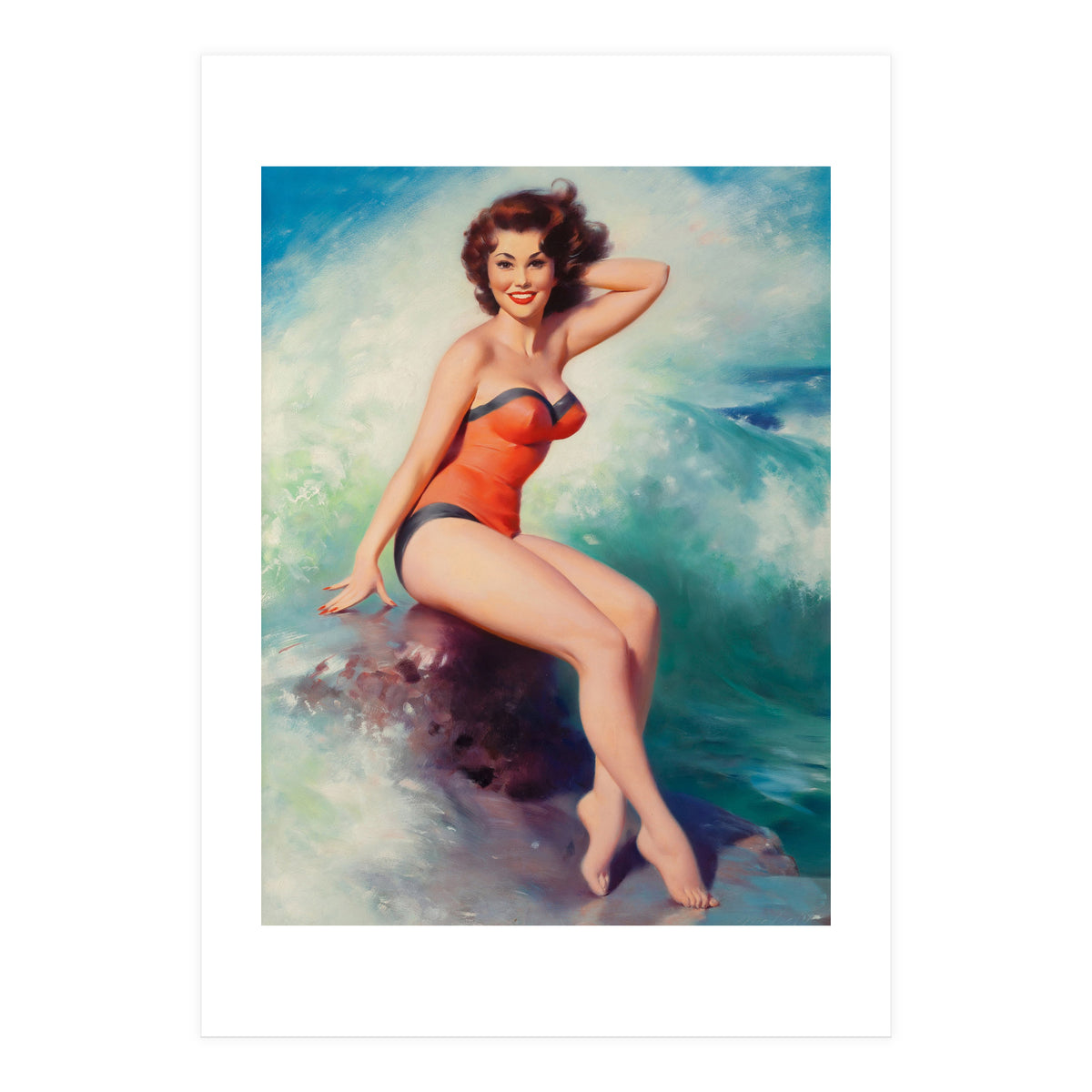 Pinup Girl Posing In Front Of Big Waves On The Beach (Print Only)