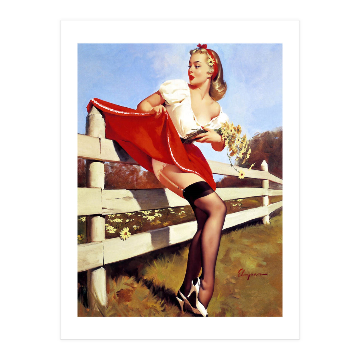 Pinup Girl Stacked On The Farm Fance (Print Only)