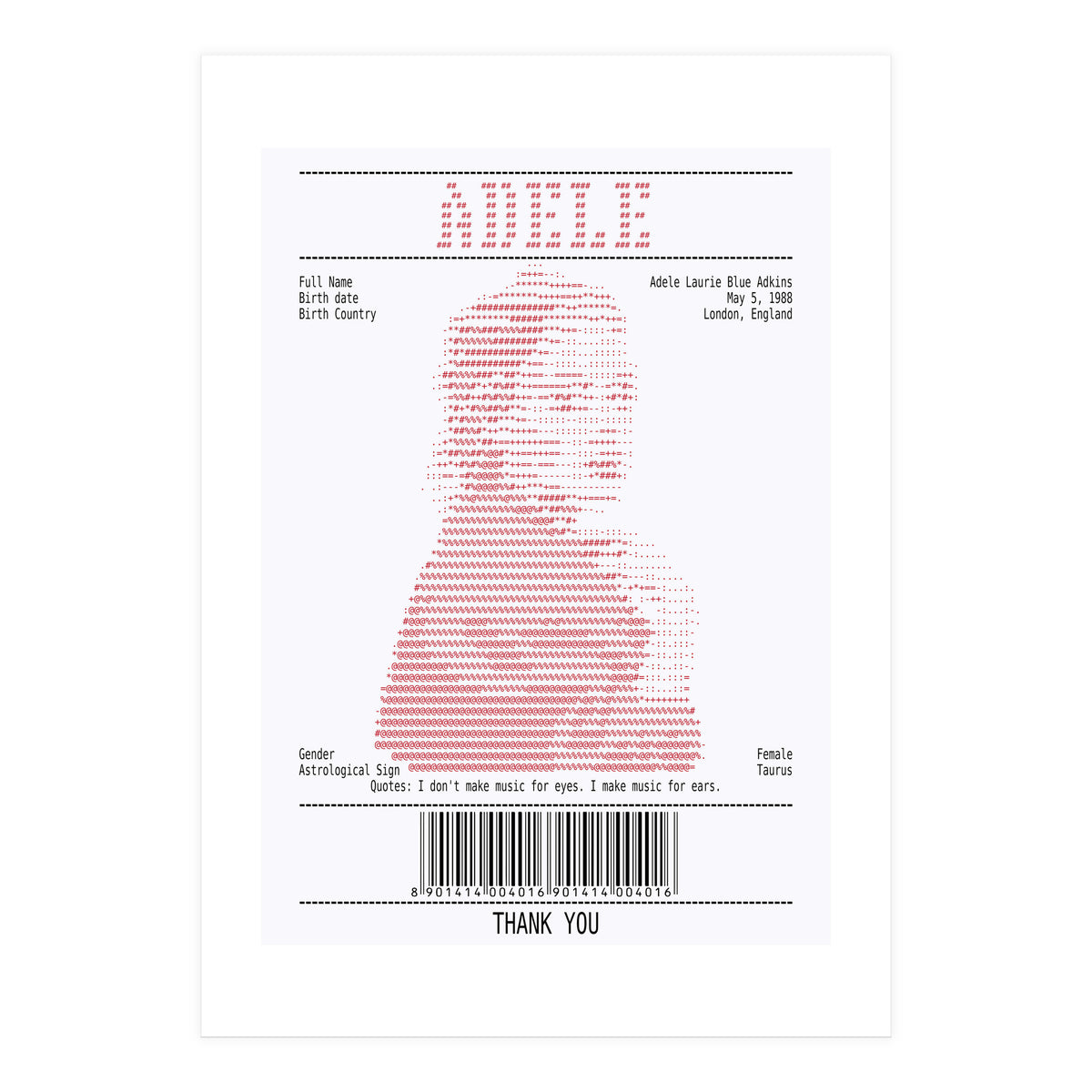 Receipt Art Adele Red (Print Only)