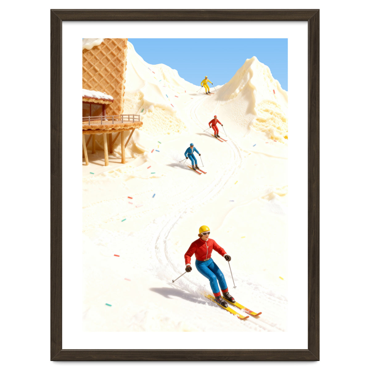Skiing on Ice Cream Mountains, Miniature Skiers Winter Art Print for Kitchen Decor