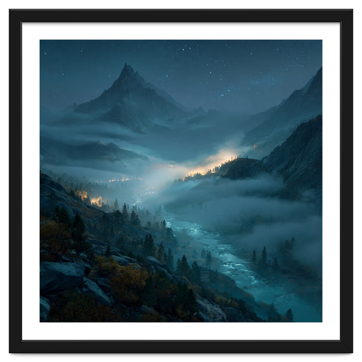 Moonlit Alpine Valley at Night with Shimmering River