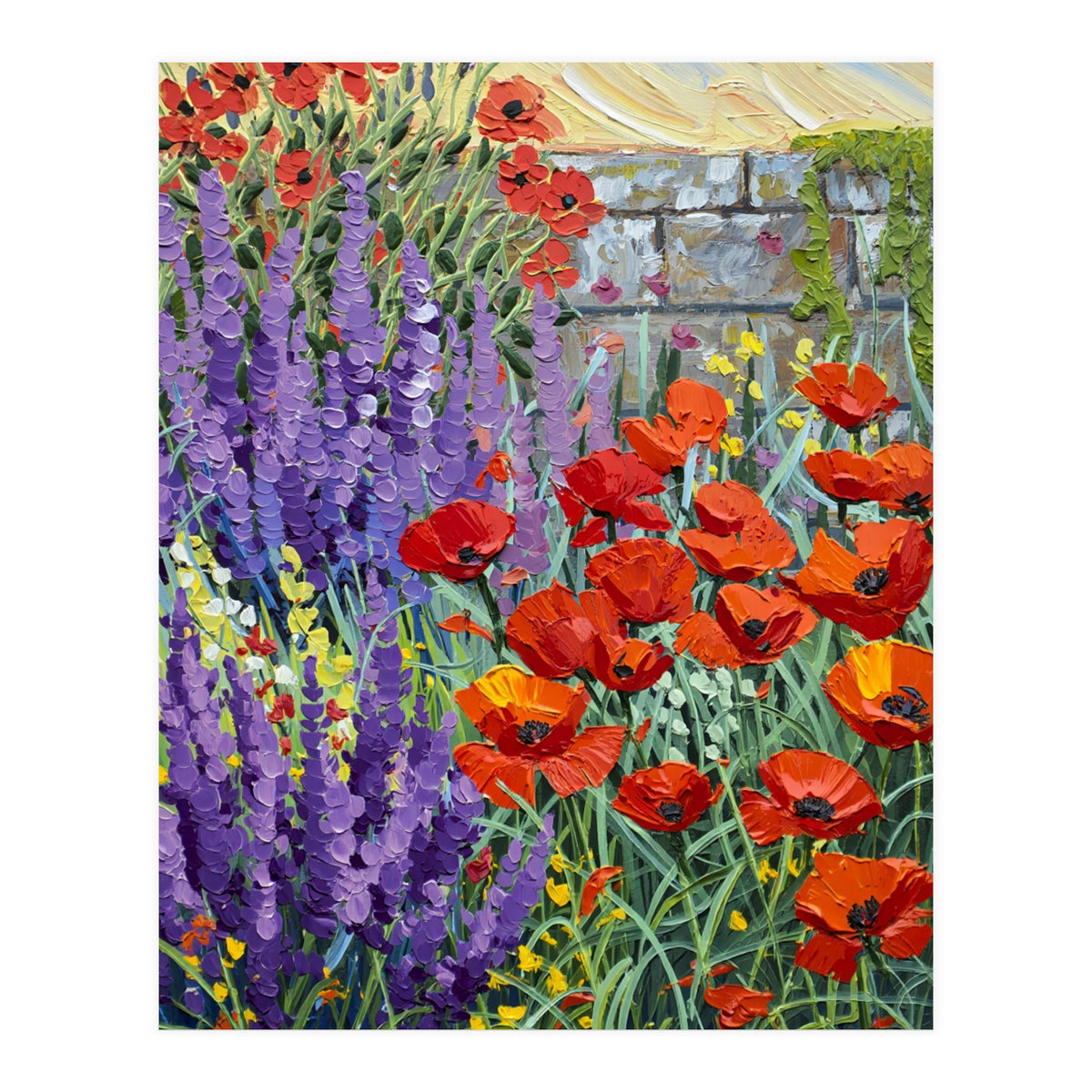 Vibrant Summer Poppy and Lavender Garden Oil Painting (Print Only)